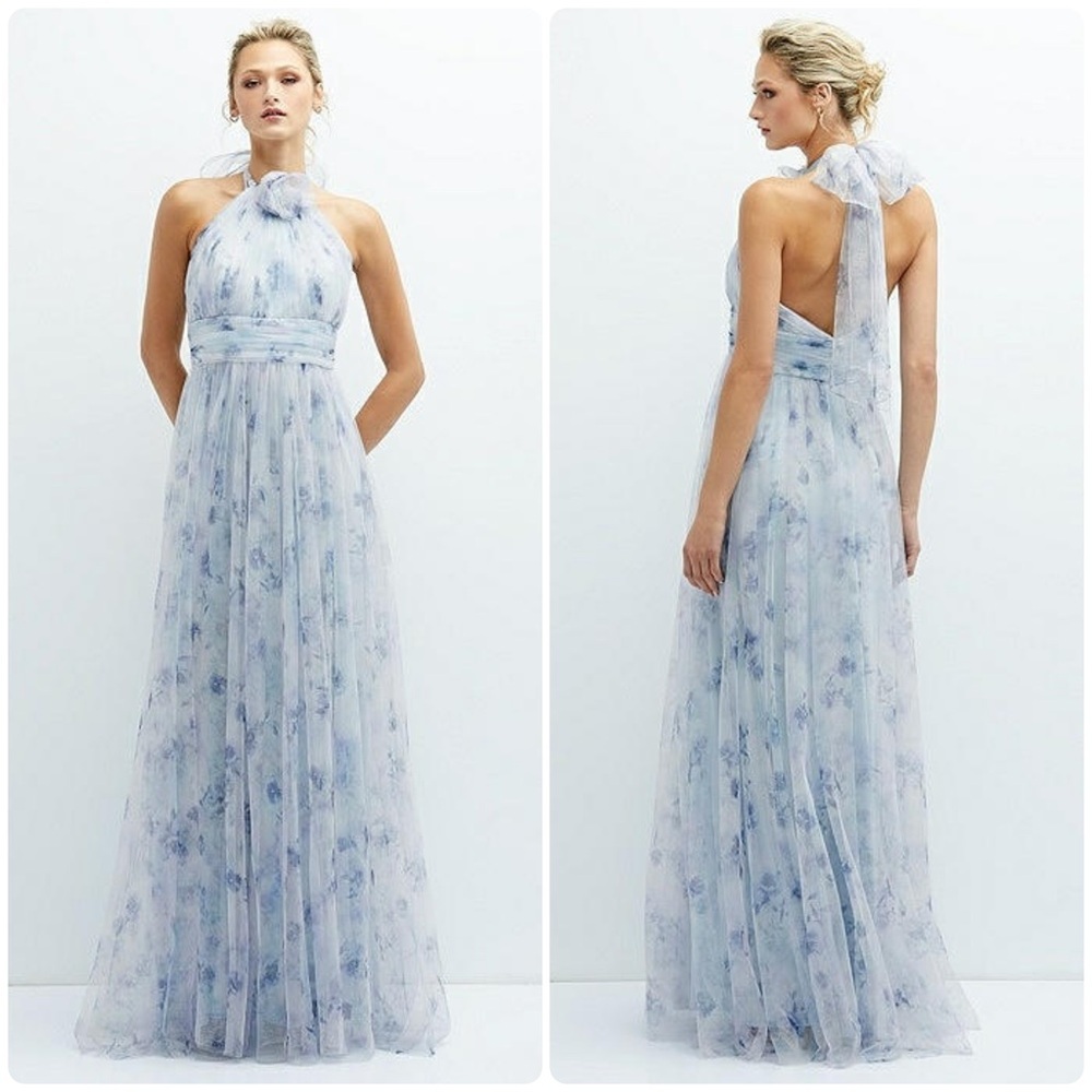New! Dessy Collection Floral Tie-Back Halter Tulle Dress  & Rosette Mist Garden🩵